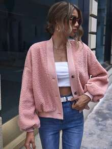 معطف فرو تيدي من قطع ملونة بوردي فاتح بأكتاف منسدلة