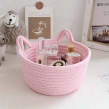Handmade Woven Cat-Shaped Storage Basket, Desktop/Bedside Organizer Basket, Living Room/Bedroom Storage Bin - Pink - View 2