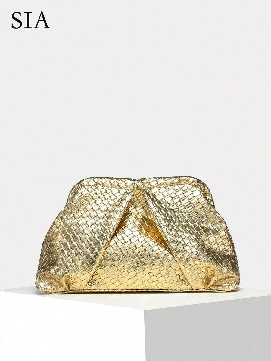 1pc Vintage Simple Old Money Style Solid Color Metal-Tone Angola Red Crackle Crinkle Cloud Large Clutch Bag, No Chain, Suitable For Going Out, Dates, Parties, And Daily Commute - Gold - View 1