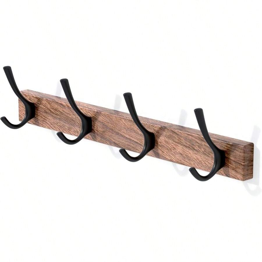 SDFGSDF 17 Inch Walnut Wood Wall Mounted Coat Rack With 4 Black Hooks, Adhesive Mounted Entryway Hooks, Modern Natural Wooden Pegs For Hanging Coat Clothes Hat Bag Purse Key And Towel - Coat Rack with 4 Black Hooks - 查看 1