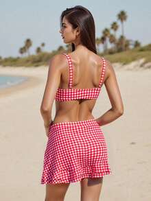 Women 2 Pieces Bikini Swimsuits Plaid Sleeveless Padded Bra High Waist Drawstring Sarongs Skirts Beach Bathing Suit Set - 紅色 - 查看 7