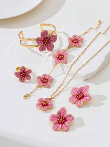 1 Set Handmade Gradient Tie Dye Pink 5-Petal Flower Pendant Necklace, 1 Pair Earrings, 1 Bracelet, 1 Bangle, Jewelry Sets For Women - Pink - View 4