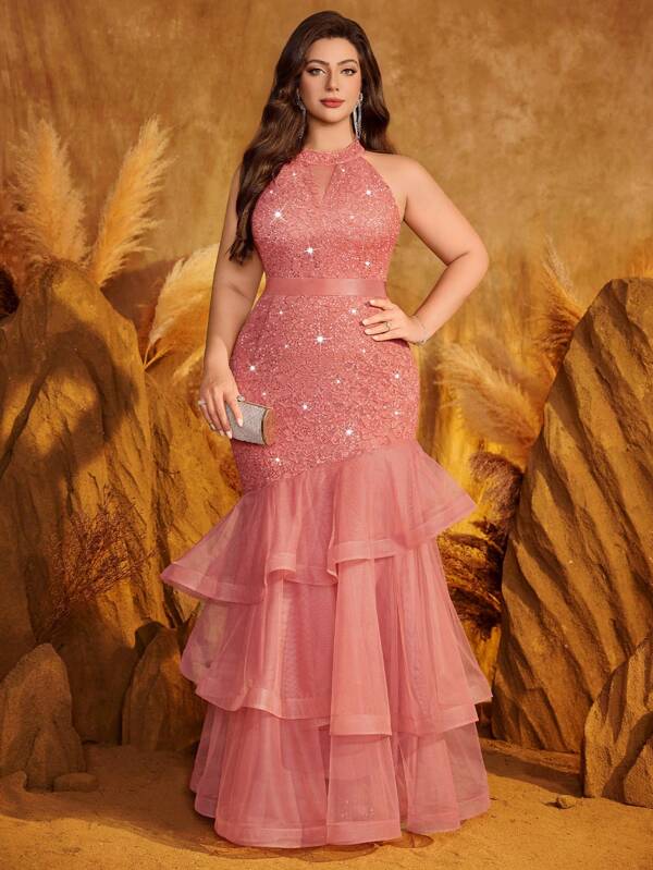 Vestido de fiesta maxi formal con cuello halter, escote con abertura, encaje floral con lentejuelas, contraste de malla con volantes y dobladillo con volantes, para fiesta, graduación, cena, boda, cumpleaños