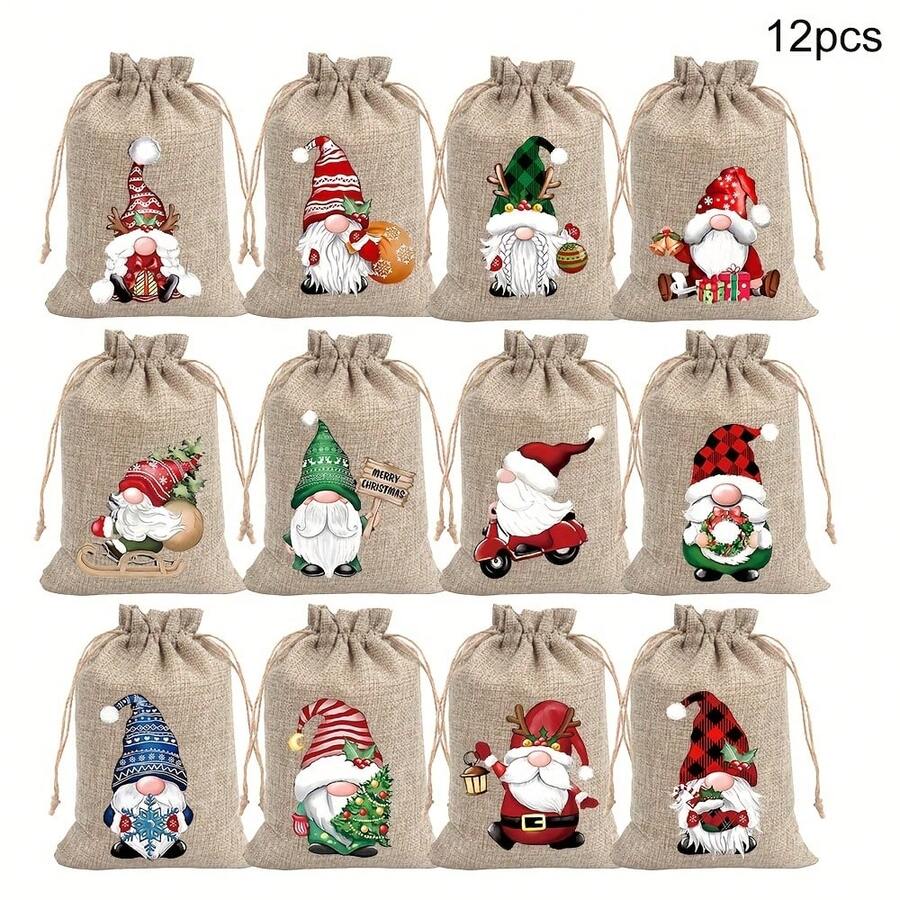 12 conjuntos de sacolas de linho para presente de Natal, sacolas com cordão de Papai Noel, adequadas para guardar presentes e joias para festas de fim de ano, adequadas para artigos de festa de Natal e Ano Novo, sacolas de linho com estampas aleatórias, adequadas para joias, doces e itens pequenos - Sacolas de armazenamento de juta faça você mesmo para festas de fim de ano e celebrações de Natal