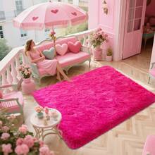 Alfombra peluda ultrasuave para sala de estar y dormitorio, extragrande, con base de goma antideslizante y 4 almohadillas autoadhesivas, 100 % poliéster, bordes cosidos resistentes, ideal como regalo de Navidad. - Rosa Fucsia - Ver 6