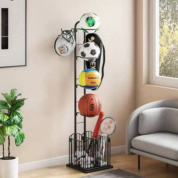 Estante para guardar pelotas, organizador de equipo deportivo, organizador de baloncesto, almacenamiento de equipo deportivo para el garaje, color negro