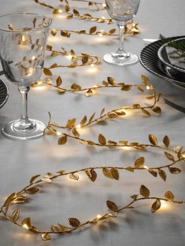 1pc Gold Leaf Fairy String Lights, Wedding Table Decor Lamp, Indoor Holiday Wreath Fairy Lights, Battery Powered (Batteries Not Included), Suitable For Wedding Table Center Decor, Wedding Backdrop Decor, Christmas Tree Ornaments; Halloween, Christmas, Wedding, Back To School Atmosphere Decor, 2m 20 Lights
