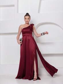 Long Dress For Bridesmaid – One Shoulder With Ruffle And Slit Elegant Simple Elegant Party Satin Side Opening Zipper Pleated Bridesmaid Civil Wedding Debutante Graduate Formal And Evening - 紅木色 - 查看 4