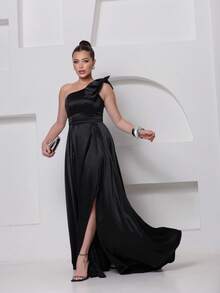 Long Dress For Bridesmaid – One Shoulder With Ruffle And Slit Elegant Simple Elegant Party Satin Side Opening Zipper Pleated Bridesmaid Civil Wedding Debutante Graduate Formal And Evening - 黑色 - 查看 2