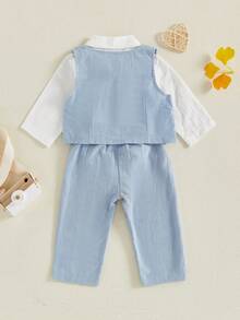 Conjuntos de pantalones de 3 piezas de otoño para bebés niños, conjuntos de pantalones con tirantes y chaleco con solapa y botones de manga larga - Azul - Ver 3