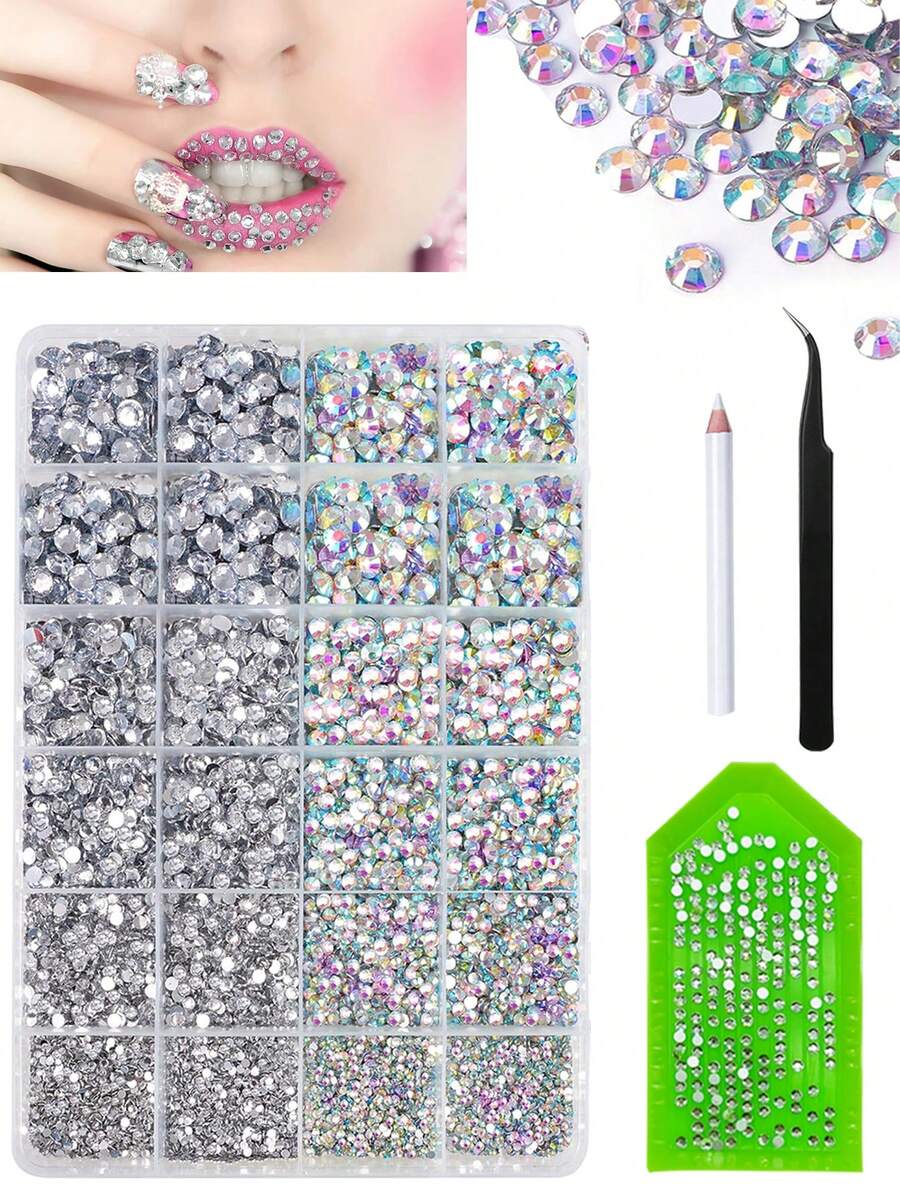8600pcs Resin Jelly Rhinestones, Transparent AB Flat Back Gems With Triangle Board And Tweezers, Wax Crayons, For DIY Crafts, Clothing, Shoes, Nail Art - White - View 1