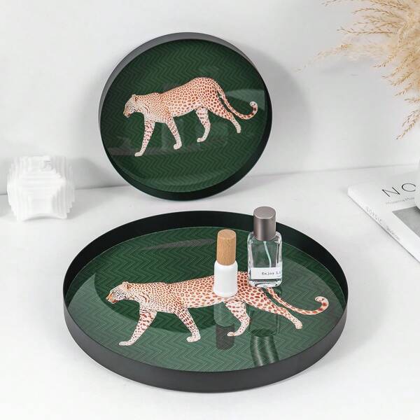 Nordic Style Iron Leopard Print Round Tray - Multi-Purpose Organizer For Bathroom, Jewelry, Keys, Entryway (Home/Hotel/Cafe/Shop Decor)