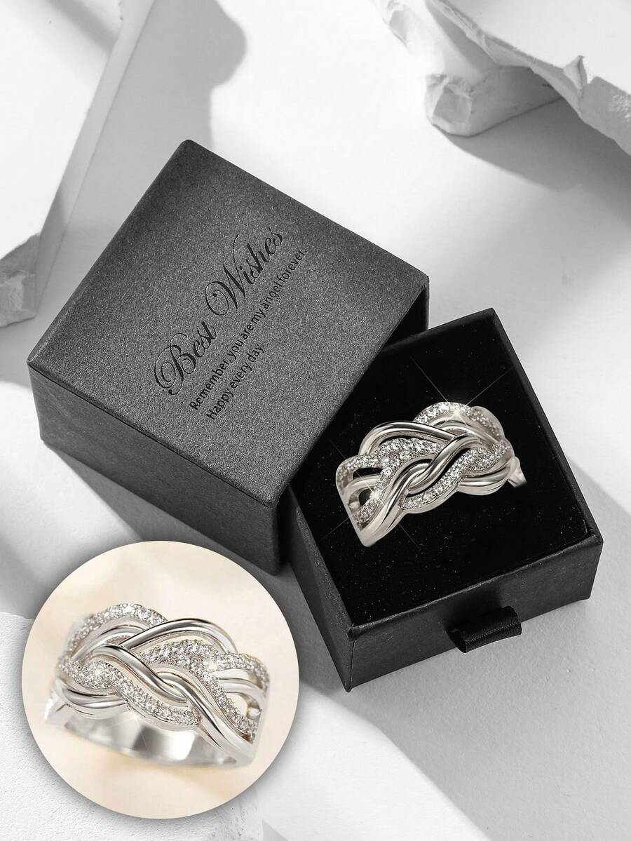 礼盒套装奢华方晶锆石线包银戒指,时尚女士珠宝,适合婚礼、情人节礼物 - 銀色3 - 查看 1