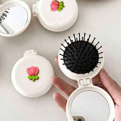 1 pieza Espejo portátil con diseño de flor de tulipán y peine, espejo compacto de escritorio con diseño de flor, espejo de viaje portátil para mujeres y niñas, espejo 2 en 1 para maquillaje y arreglo personal, suministros de viaje, bodas, fiestas, regalos de cumpleaños, accesorios
