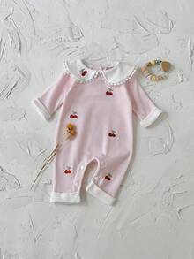 新生女宝宝甜樱桃刺绣连体衣，春秋季