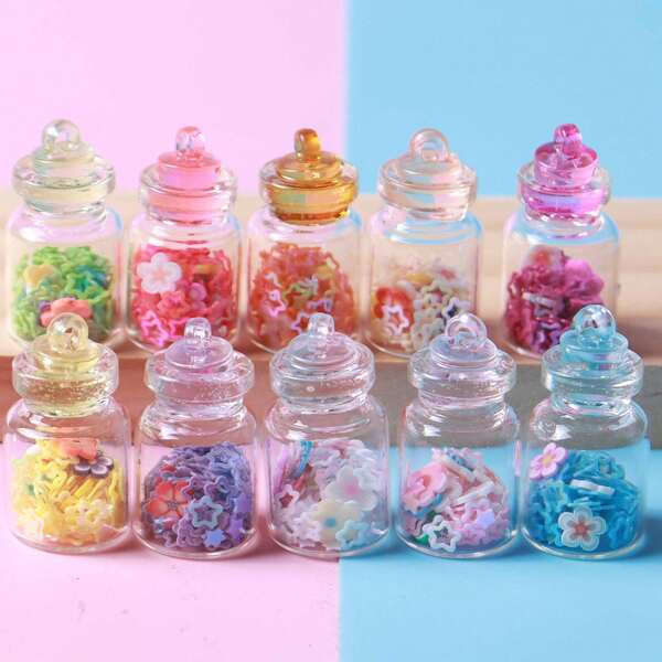 5pcs Glass Star Sequin Wishing Drift Bottle Keychain Car Decor Pendant DIY Accessories, Random Style