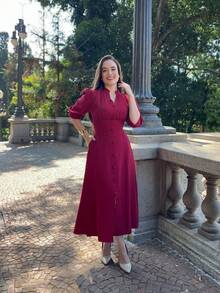 PLAIN MIDI DRESS Button WOMEN'S FASHION Daily - 酒紅色 - 查看 3