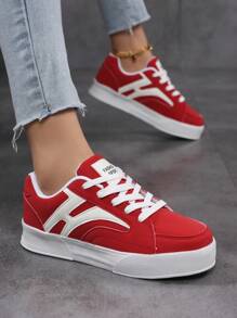 Skate Shoes! Women's Casual Sports Shoes, Breathable Mesh Lining, Pu Leather Shell, Letter Decoration, Stable Flat Bottom, Fashionable Versatile Chinese Red Shoes, Lightweight Design Without Tiredness