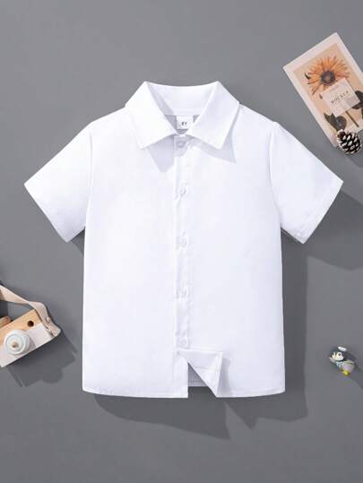 Camisa de manga corta blanca pura de estilo universitario casual clásica para niños preadolescentes, adecuada para eventos formales como fiestas, actuaciones y paje