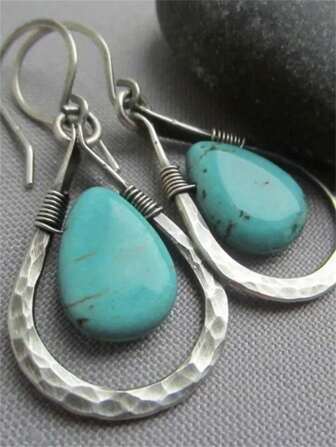 1 par bohemiska vintage västerländsk stil ihåliga droppformade turkosa hängenörhängen, lämpliga för kvinnors dagliga, fest, resesmycken present