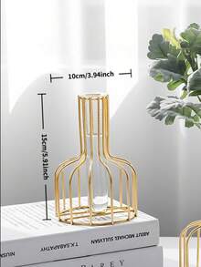 1pc Transparent Glass Vase - With Wrought Iron Frame, Suitable For Hydroponics Planter, Decorative Planter, Geometric Shape, Unique Test Tube Vase, Can Be Used As Dining Table/Desk/Fireplace Decor - Bohemian Home Decor - Wedding Party Decor - Farmhouse Style Planter - Luxury Housewarming Gift - Modern Floral Base, Back To School Room Decor, Stationery Glass Vase - Gold - View 11