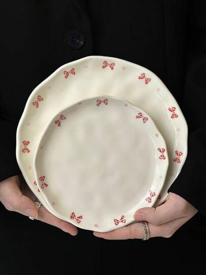 1 件带蝴蝶结设计的陶瓷盘子，不对称手工盘子，适合牛排、意大利面、沙拉、甜点、早餐，送给家人和朋友的礼物