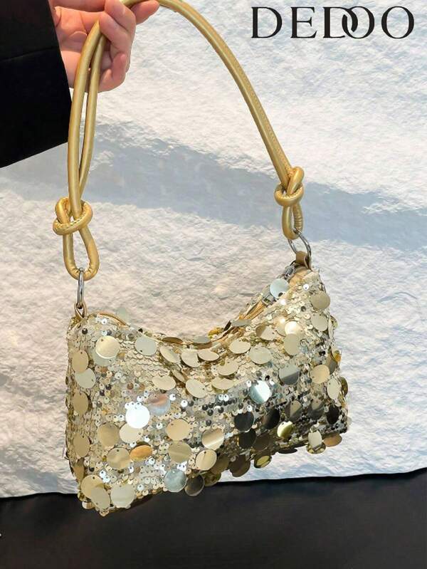 1pc Gold-Tone Glittery Crescent Moon Shape PVC Shoulder Bag For Women