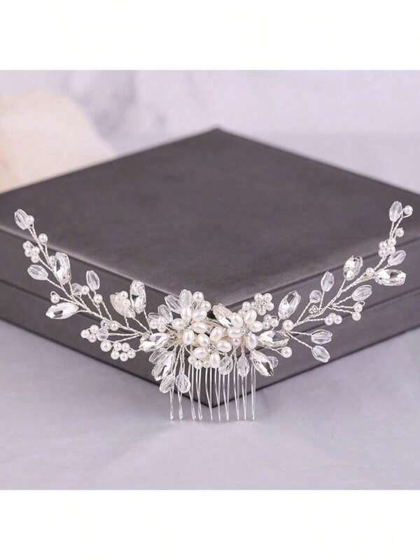 1pc Handmade Silver Glass Rhinestone Hair Comb, Bridal Party Accessory