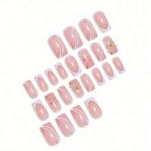 Flower Press On Nails Medium Square Fake Nails White French Tip False Nails With Floral Pearl Designs Golden Glitter Handmade Press On Nails Full Cover False Nails For Women Nail Art 24 Pcs -It Is Important For Beauties - Style10 - View 2
