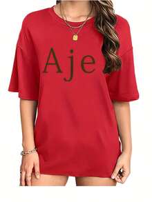 Women's Black Short Sleeve Round Neck AJE Letter Print T-Shirt - All-Season Washable Casual Top, Fashion  Pattern Shirt, Comfortable Versatile Daily Style - 黑色 - 查看 6