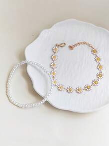 2pcs Set Fashionable White Faux Pearl Yellow Daisy Flower Beach Anklet, Suitable For Daily, Vacation, Beach, Photo-Taking In Summer
