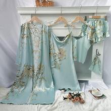 Women's 5-Piece Printed Pajama Set - Elegant All-Season Pajamas, Including Long-Sleeved Tunic Robe, V-Neck Camisole Dress, Camisole, Shorts, Storage Bag, Soft, Skin-Friendly Pajamas And Loungewear Pajama Sets For All Seasons - 薄荷藍 - 查看 4