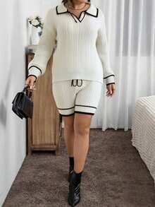 مجموعة كنزة صوفية كم طويل ذات ياقة وشورت مصنوع من الصوف، أسود وأبيض، خريف/شتاء