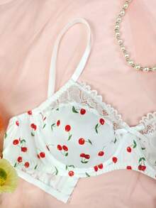1 pieza Sujetador sexy con aros y relleno con encaje floral de cereza lindo para mujeres