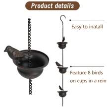 1 Stück Metallvögel auf Tassen Regenkette für Outdoor, Regenketten für Dachrinnen Fallrohre, hängende Outdoor Gartendekoration, Dunkelbraun (ausgestattet mit 8 Tassen und 9 3D Vogelmodellen)