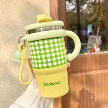 600ml Insulated Drinking Straw Cup, Cute Double Drinking Spout Water Bottle With Elegant Appearance For Car Use, High-End Office Cup, Available In Various Colors, Portable And Durable, Keeps Cold Water For A Long Time - 黃綠色 - 查看 3