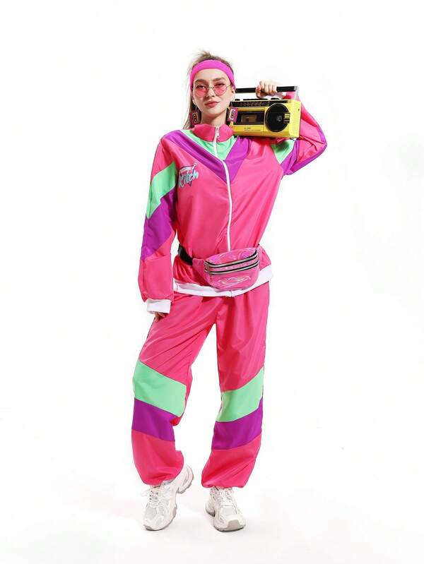 Party Costume: 1980s Retro Disco Hip-Hop Sports Jacket And Trousers Set For Adult Men And Women, Dancewear(No Bag Included.)