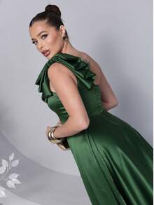 Long Dress For Bridesmaid – One Shoulder With Ruffle And Slit Elegant Simple Elegant Party Satin Side Opening Zipper Pleated Bridesmaid Civil Wedding Debutante Graduate Formal And Evening - 橄欖綠 - 查看 6