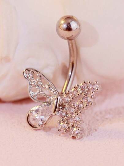 新款不锈钢蝴蝶锆石肚脐穿孔环，防过敏肚脐环，时尚