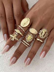 Gold Knuckle Rings Set For Women Virgin Mary Jesus Cross Ring Plain Cubic Zirconia Ring Adjustable Ring Set Religion Prayer Faith Jewelry Gift 10Pcs/Set