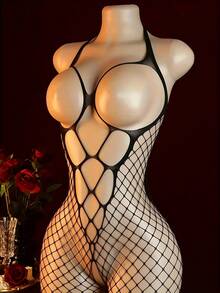 性感吊带大开衩网眼内衣，性感紧身袜，渔网袜，镂空透明比基尼连体裤，性感内衣，情人节礼物，大胆女士服装，夜店、夜生活、约会、演出、新婚之夜卧室服装——性感长筒袜和紧身裤 - 黑色 - 查看 5