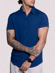 Kit Of 2 Men's Short Sleeve Linen Shirts, Fresh Viscolinho, Social Fashion, Elegant Italian Collar, Old Money - 2 Màu xanh - Xem 5