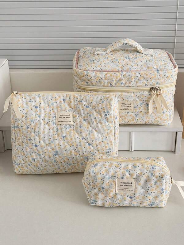 1 Pieza/Set Bolsa de Maquillaje Floral de Pana Organizador Cosmético Multifuncional Portátil con Cierre de Cremallera para Cosméticos, Cuidado de la Piel, Lápiz Labial, Brochas, Crema de Manos, Auriculares, Monedas, Llaves, Artículos Pequeños para Uso en el Hogar, Viajes, Vacaciones y Escuela - Bolsa de Maquillaje, Bolsa de Aseo, Artículos Esenciales de Viaje, Regalos para Damas de Honor, Mamá, Cumpleaños, Amigos y Maestros