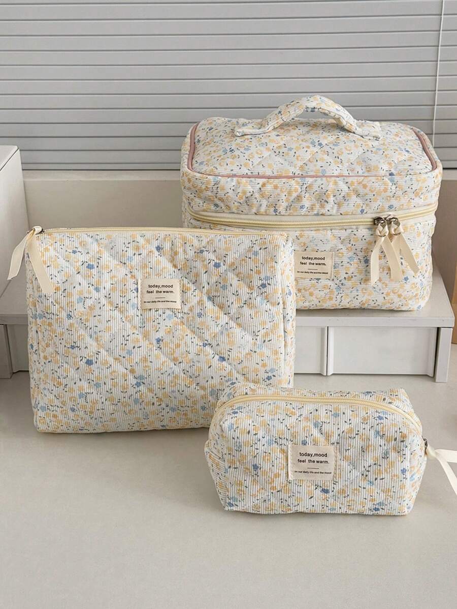 1pc/Set Floral Pattern Corduroy Makeup Bag, Multi-Functional Cosmetic Storage Pouch, Portable Zipper Makeup Organizer For Cosmetics, Skincare, Lipstick, Brushes, Hand Cream, Earphones, Coins, Keys, Small Items, Suitable For Home, Travel, Vacation, School, Makeup Bag, Toiletry Bag, Travel Essential, Cruise Essential, Dorm Essential, Bridesmaid Gift, Mother's Gift, Birthday Gift, Gift For Friends And Teachers - Yellow - View 1