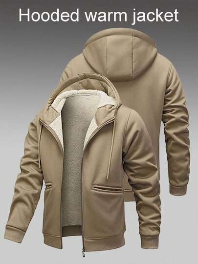 Chaqueta con capucha con cremallera de unicolor de felpa para hombres, color caqui con bolsillos dobles, nueva chaqueta para exteriores para otoño/invierno, sudadera con capucha de felpa popular