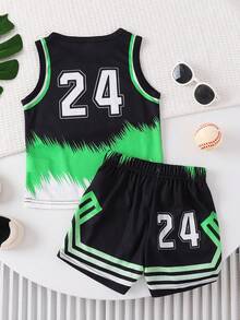 2pcs/Set Summer Numeric 24 Print Mesh Round Neck Tank Top And Shorts Set, 3-7 Years Old Student, Casual, Sports, Basketball - Green - View 2