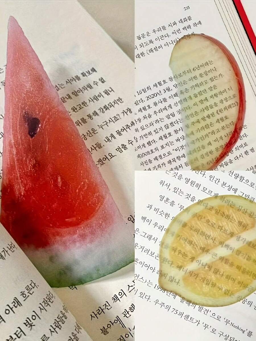 1 件透明 PVC 书签 - 西瓜、柠檬和苹果切片设计，有趣而独特的书籍页面标记，办公用品，书页标记 | 俏皮设计 | PVC 材料，用于学校用品，返校