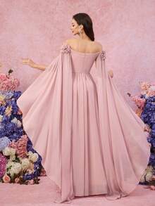 SUPGIR Off Shoulder Cape Flared Sleeve Chest Flower Decor Pleated Waist Chiffon A-Line Formal Dress - Pink - View 4