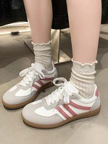 Women's Multifunction Color Block Solid Preppy Style Casual Shoes, Flat Non-Slip Lace-Up Round Toe Rubber Sole Casual Sneakers, Black & Khaki Color Block, Suitable For Daily Wear, Sizes 36-41, Fashion - Red - View 2