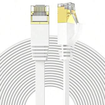 10-30米高速以太网线，Cat6扁平网线，带RJ45接头，长LAN线，镀金插头 - 白色